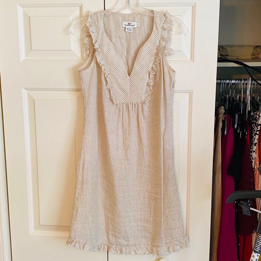 Vineyard Vines Linen Striped Ruffle Dress. Sz 0